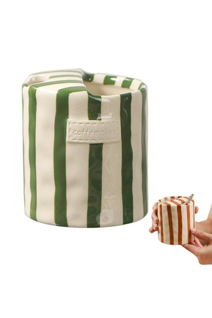 300ml Green Vintage Stripe Hand Painted Ceramic Mug Creative Dual Compartment Coffee Cup for Office