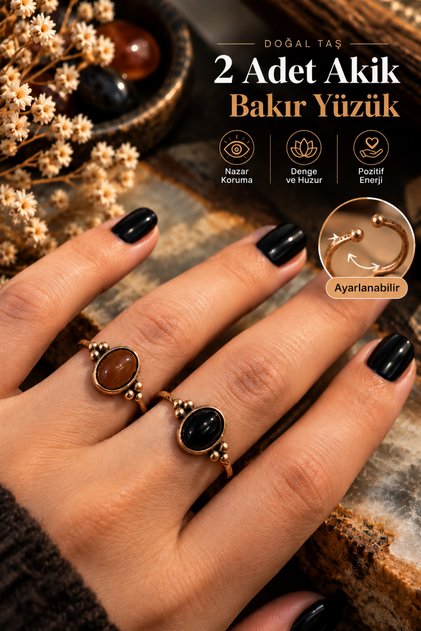Pure Copper 2 Pieces Adjustable Ring Combination Agate Gorgeous Colors Quality Elegant Gift