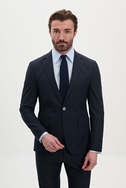 Straight Slim Fit Mono Collar Men's Suit Navy Blue - 45306.24Y