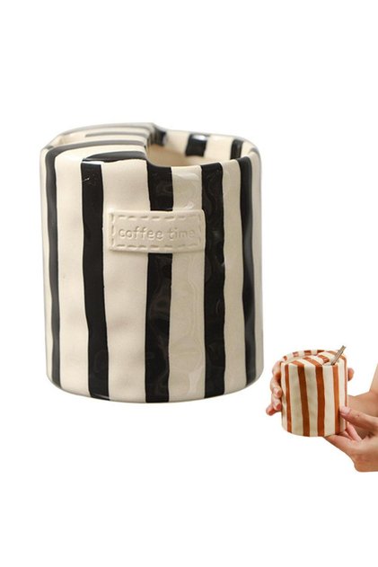 300ml Black Vintage Stripe Hand Painted Ceramic Mug Creative Dual Compartment Coffee Cup for Office