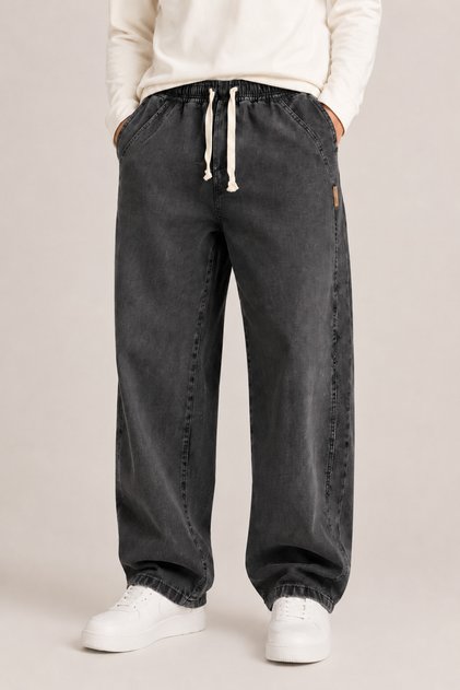 Men's Anthracite Elastic Waist Lace-Up Baggy Jeans – Flexible Jean Denim Relaxed Fit Straight Leg