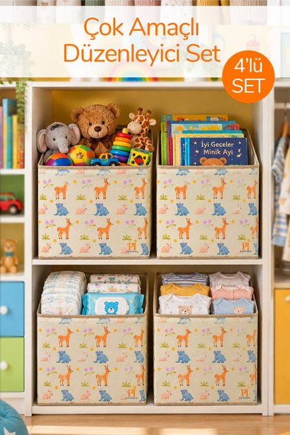 4-Piece Animals Lidless Box Toy Laundry Storage Box Closet Organizer 30X30X30