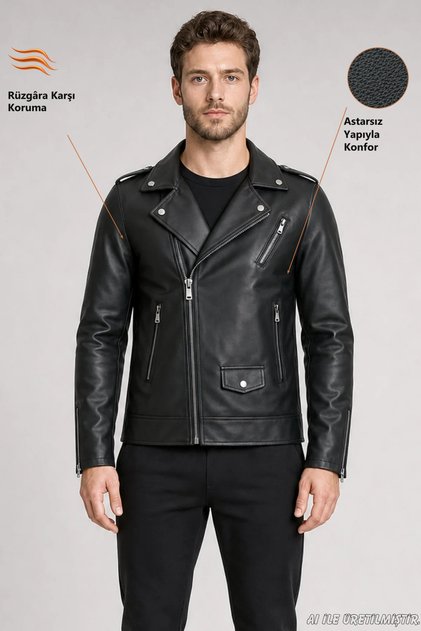 Men's Black Zippered Slim Fit Leather Jacket with Pocket Detail