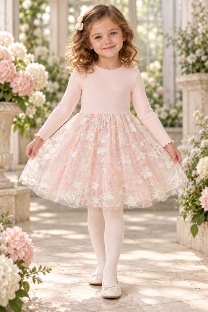 Girl's Pink Long Sleeve, Flower Embroidery on Tulle Birthday,Party,Princess Dress