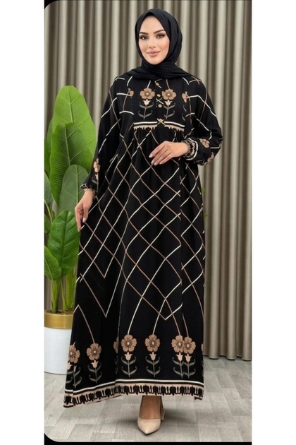 Women's Black Hijab Comfortable Fit Long Brown Floral Viscose Dress