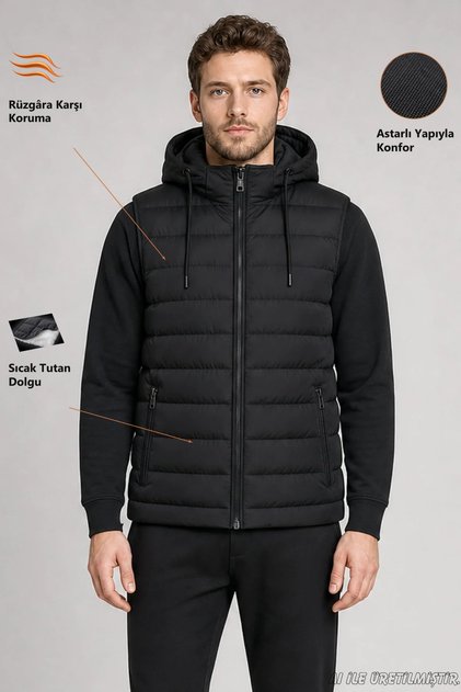 Men's Black Slim Fit Puffer Vest with Removable Hood and Zipper Pockets