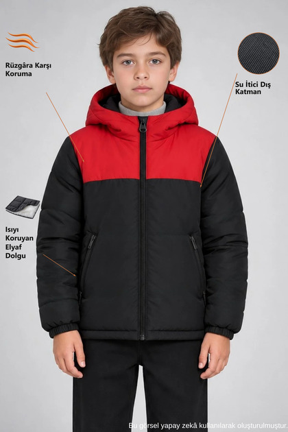 Boys' Black Red Hooded Water and Wind Resistant Winter Puffer Coat