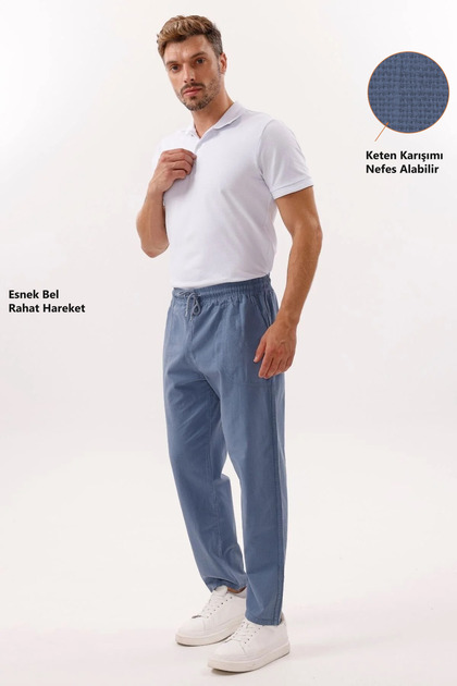Men's Blue Linen Loose Cut Trousers - Wide Size Range-