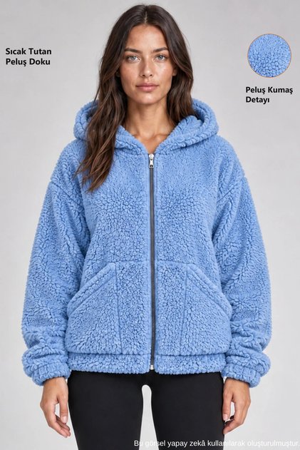 Women's Blue Oversize Hooded Plush Sweatshirt with Zipper Pockets