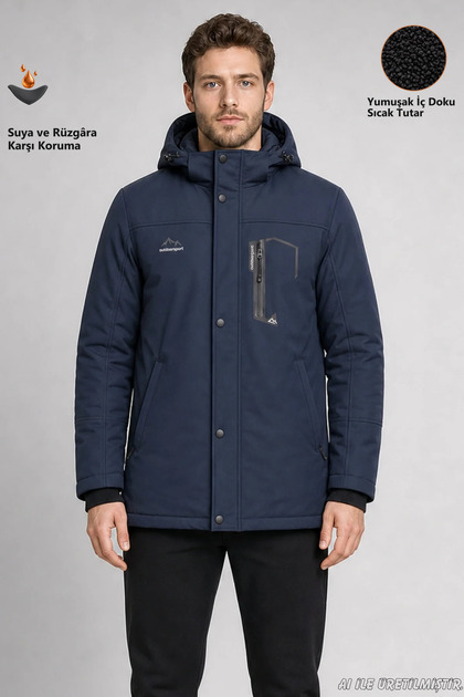 Men's Navy Blue Hooded Fur-Lined Water and Wind-Resistant Outdoor Softshell Coat