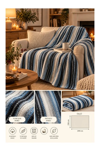 Striped Patterned Single Blanket Tv and Sofa Blanket Navy Blue 150X200 cm