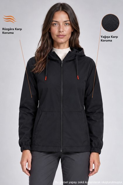 Women's Black Waterproof and Windproof Lined Hooded Raincoat - Windbreaker