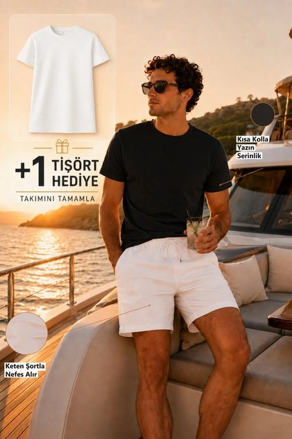 Men's Linen Textured Shorts & Black - White Cotton T-Shirt Set