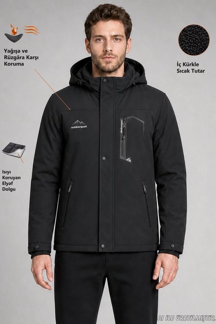 Men's Black Hooded Fur-Lined Water and Wind-Resistant Outdoor Softshell Coat