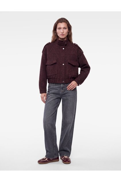 Zippered Long Sleeve High Collar Cashmere Bomber Jacket with Pockets Wool Blend