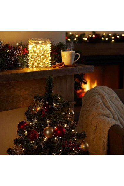Instalatie brad Craciun, Hoff, 100 micro-LED-uri albe cu lumina calda, 10 m, interior, cu fir cupru (1041816)