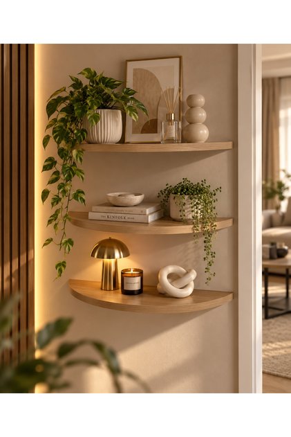 3'lü Yarım Ay Duvar Rafı Salon, Yatak Odası, Antre, Hol Dekorasyon 60 cm Uzunluk Çam DUVAR RAFI