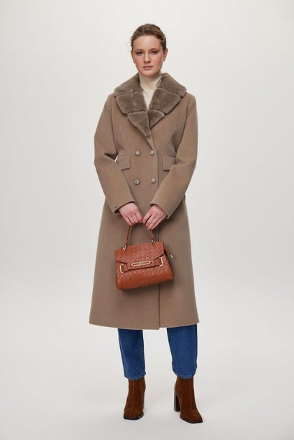 Faux Fur Collar, Pocket Detail, Latte Coat 13929