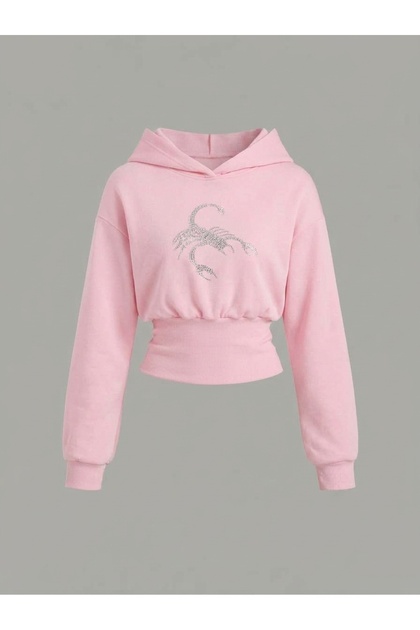 Women's Oversize Crystal Stone Printed Short Hooded Crop Sweatshirt