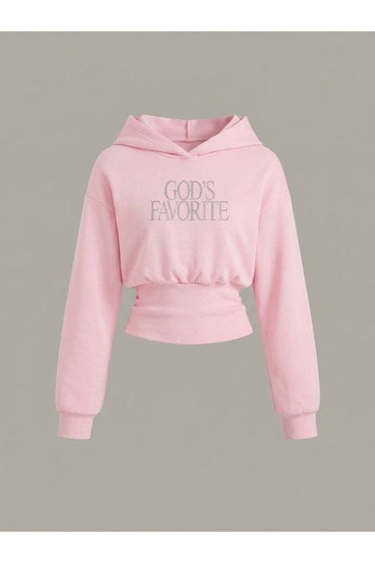 Women's Oversize Crystal Stone Printed Short Hooded Crop Sweatshirt