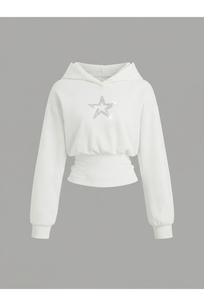 Women's Oversize Crystal Stone Printed Short Hooded Crop Sweatshirt