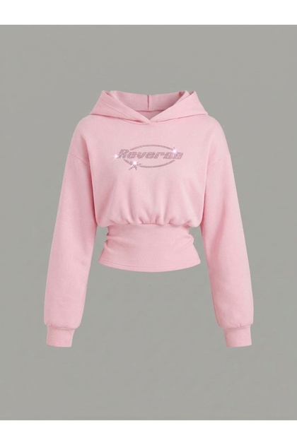 Women's Oversize Crystal Stone Printed Short Hooded Crop Sweatshirt