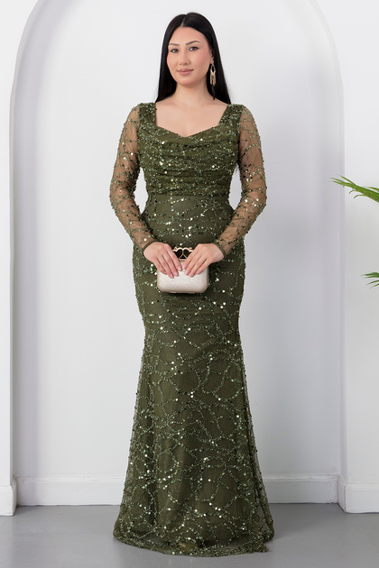 Collar Beaded Long Sleeve Lace Dress 41135