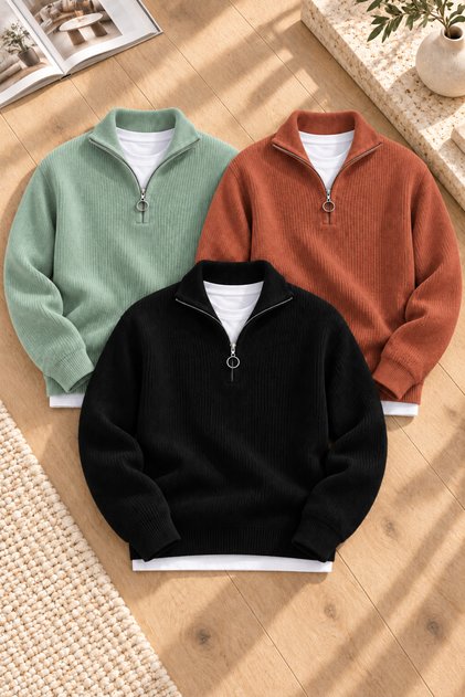 Men's 3-Piece Set of Thick Knit Winter Sweaters with Stand-Up Collar and Half-Zip Closure.