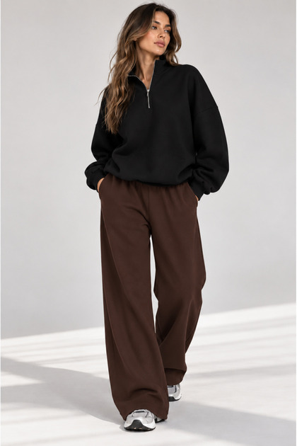 Coffee Wide Leg Bottom Black High Neck Sweatshirt Tracksuit Set