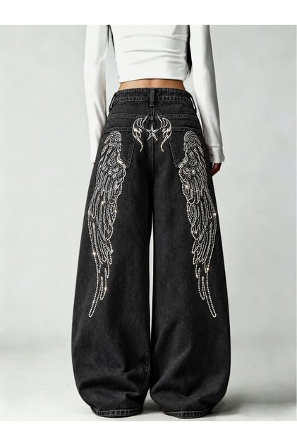 Angel Wing Stone Design Unisex Retro Jean Trousers