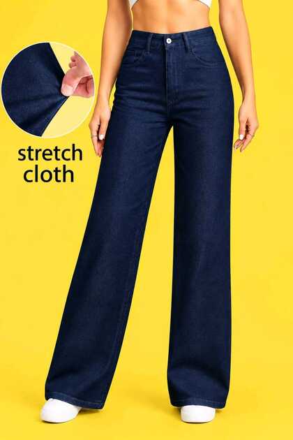 Laura Navy Blue High-Waisted Denim Trousers, Women's Loose Wide-Leg Lycra Palazzo Jeans New Season