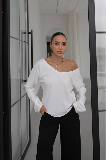 Ecru V-Neck Blouse on the Front and Back