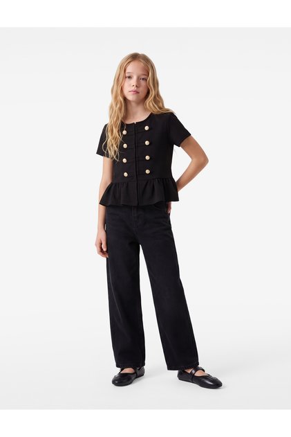 Ruffled Napoleon Closure Short Sleeve Crew Neck Blouse
