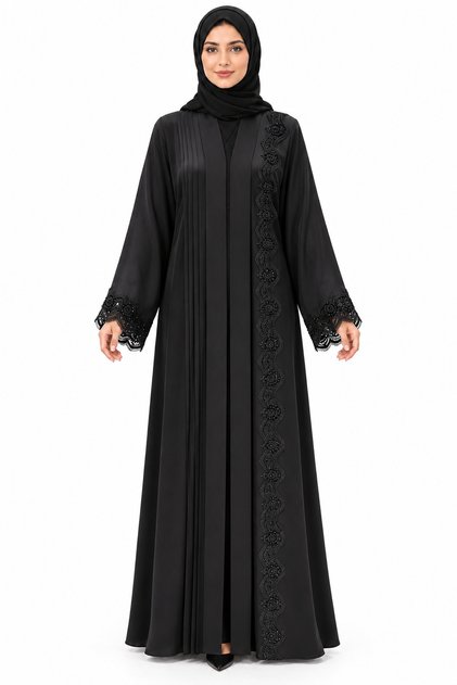 Abaya with Side Embellishments and Belt | Side Motif Belted Abaya