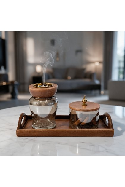 طقم مبخرة زجاج وعلبة بخورمع قاعدةخشب