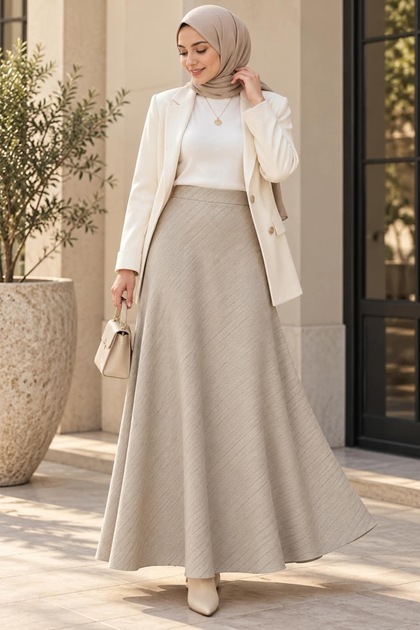 Women's Beige Long Marine Striped Seersucker Fabric V-Neck Cut Hijab Skirt