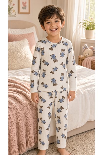 Children's Pajama Set, Knitted, Patterned, Soft, Comfortable, Long Sleeve Set with Teddy Bear Pattern