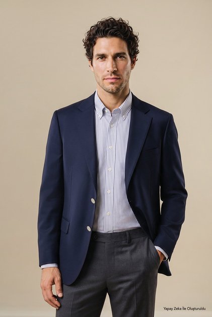 Erkek Lacivert %100 Yün Mono Yaka Kapak Cep Slim Fit Limited Edition Ceket