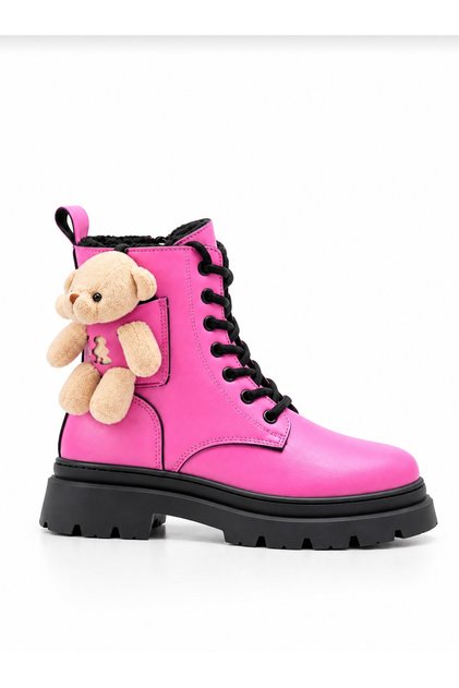 Women's Plush Teddy Bear Accessory Zippered Lace-Up Thick Sole Winter Boots Pink