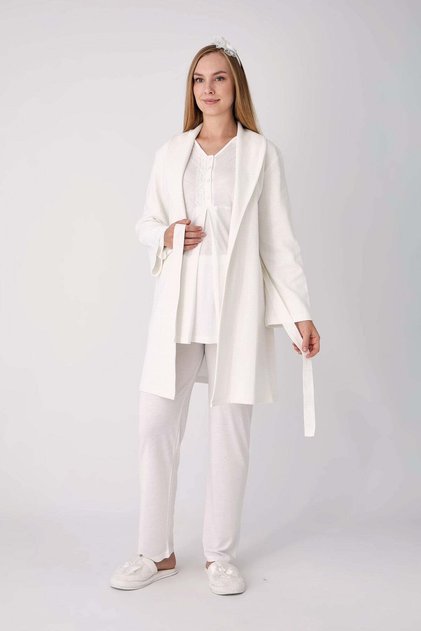 Maternity Pajama Set, 3-Piece Set, with Lace on the Shoulders, Buttoned, Nursing-Friendly, Textured Fabric.