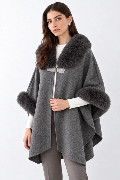 Fur Detailed Poncho - Gray