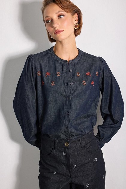 Dreamer Collection Embroidered Denim Shirt - Navy Blue