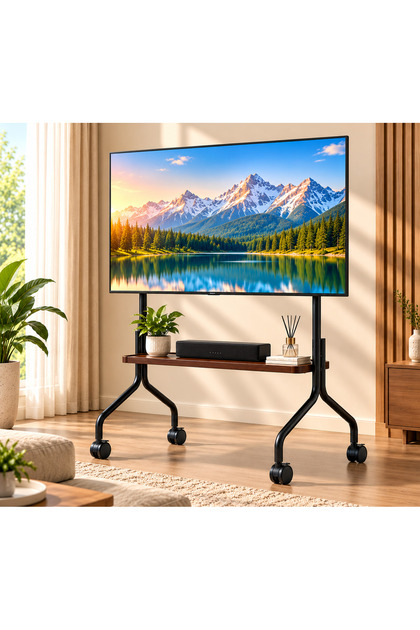 Modern Movable Tv Stand with Wheels 116-132cm Adjustable Height Metal Frame Screen Stand with Wooden Storage Shelf for Living Room Bedroom Office Meeting Room