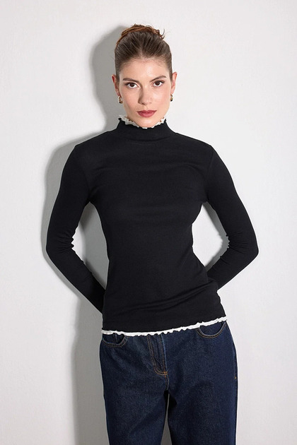 Garnili High Neck Ruffled Viscose Knitted Blouse - Black