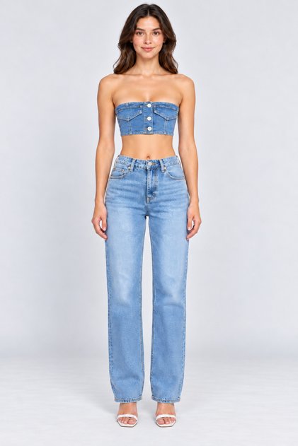 Women's Blue Denim Strapless Crop Bustier – Buttoned and Flap Pocket Jean Top