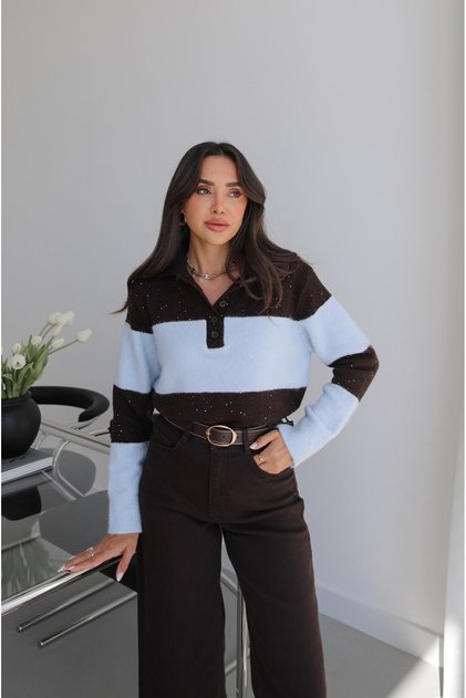 Baby Blue Sequined Polo Collar Striped Sweater