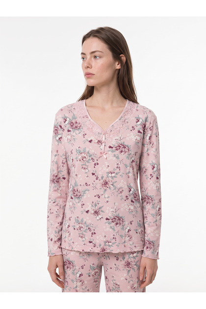 Women's Long-Sleeved Floral Patterned Pajama Set, Pink