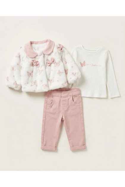 6-24 Months Baby Girl 3-Piece Set - Powder Plush Jacket, Long Sleeve Top and Pants Winter Newborn Baby Set