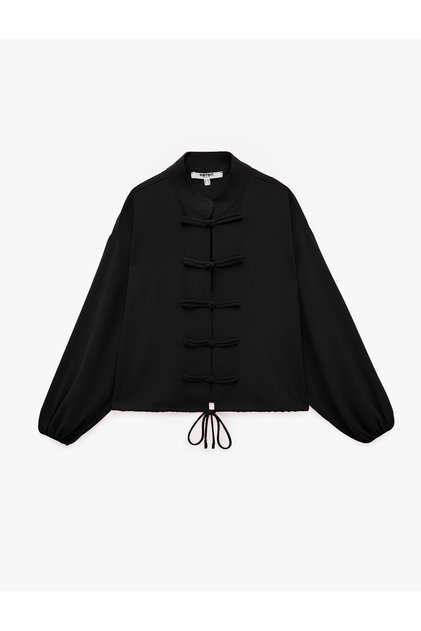 Mandarin Collar, Button-Down Crepe Jacket with Adjustable Tie Detail, Long Sleeves.