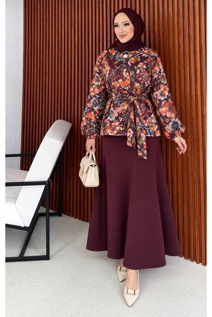 Women's BORDEAUX Floral Print Belted Modest Set